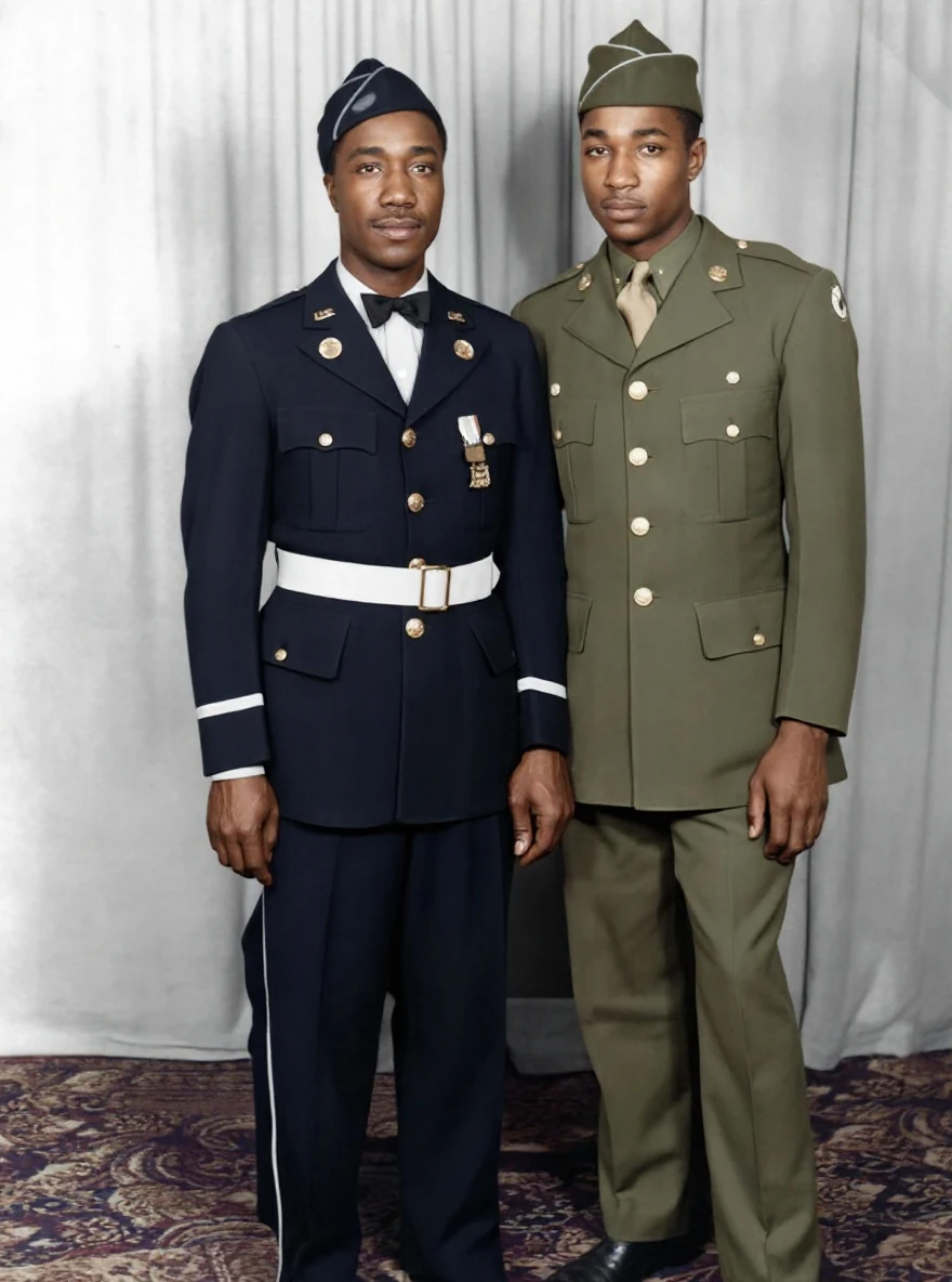 AI-colorized portrait of the same two men, with dark blue and olive uniforms and more defined facial detail.