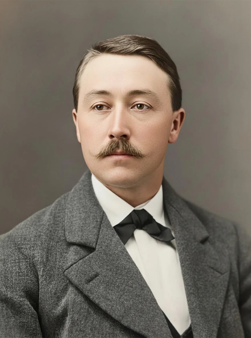 AI-restored version of the studio portrait with a smoother background, more defined hair and jacket, and added skin tones.