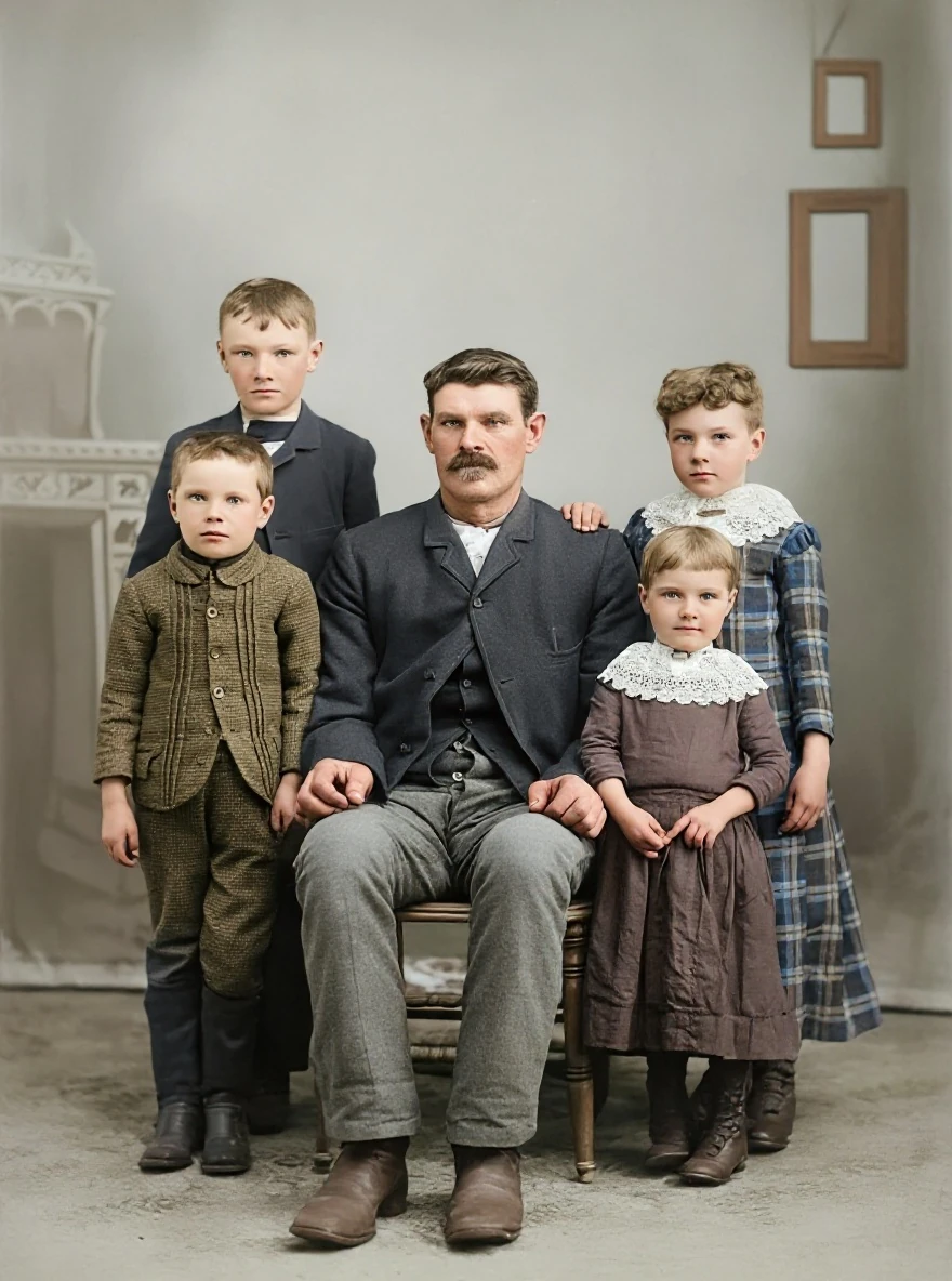 AI-restored color group portrait with filled-in clothing and floor detail where the original had a tear and missing lower edge.