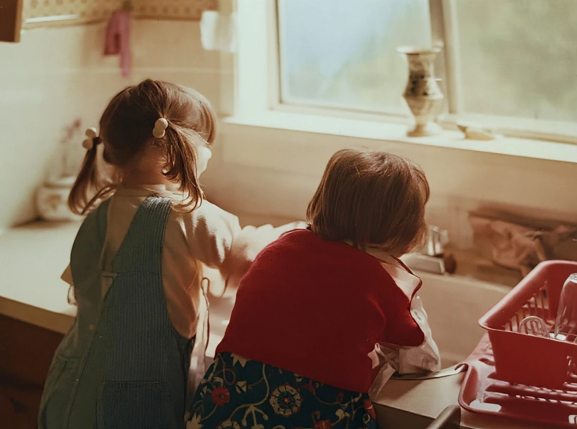 AI-restored kitchen photograph with a reduced orange cast and more distinct hair, clothing and window-frame detail.